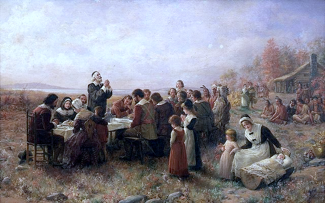 A painting depicting The First Thanksgiving at Plymouth by Jennie A. Brownscombe (1914)