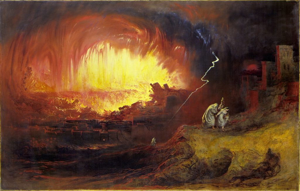 God's Wrath is exemplified by The Destruction Of Sodom And Gomorrah. Painting by John Martin, 1852.